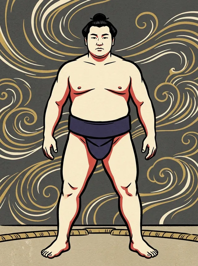 AI-generated illustration of a representative sumo wrestler. Not a photograph or a likeness of Harimayama Hanataro.