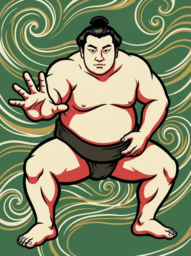 AI-generated illustration of a representative sumo wrestler. Not a photograph or a likeness of Ichinojo Takashi.