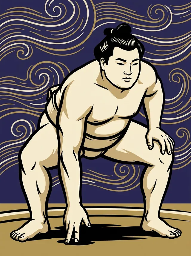 AI-generated illustration of a representative sumo wrestler. Not a photograph or a likeness of Yoshinoiwa Tomekichi.