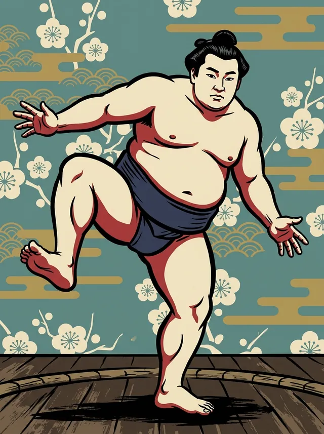 AI-generated illustration of a representative sumo wrestler. Not a photograph or a likeness of Dewataira Shinichi.