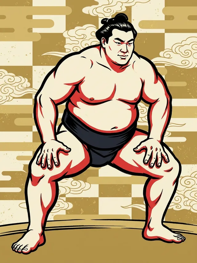 AI-generated illustration of a representative sumo wrestler. Not a photograph or a likeness of Jumonji Tomokazu.