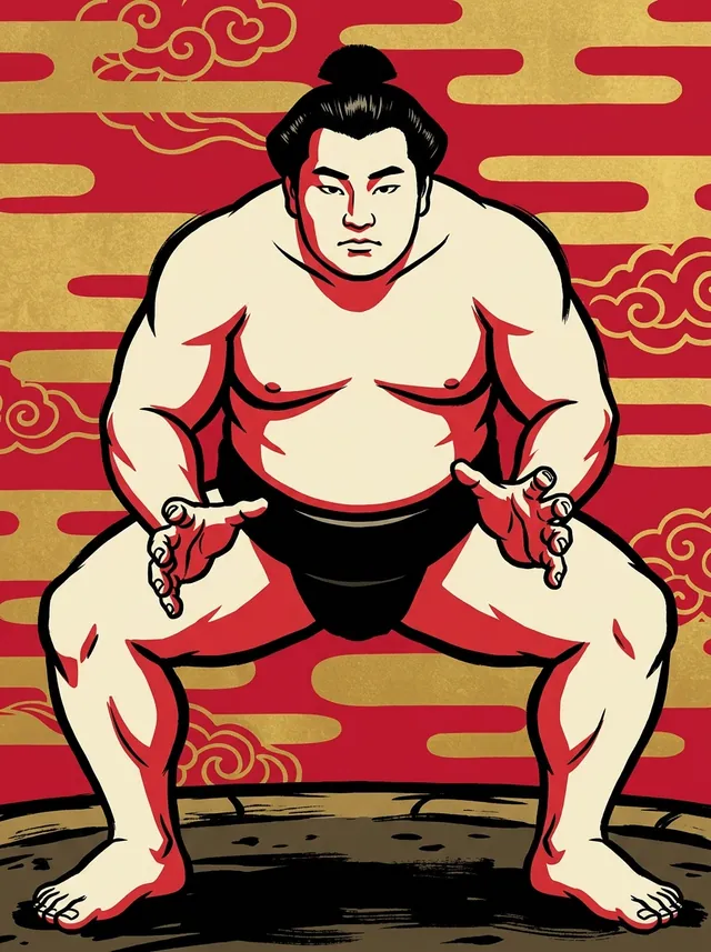 AI-generated illustration of a representative sumo wrestler. Not a photograph or a likeness of Chiyozakura Ukyo.