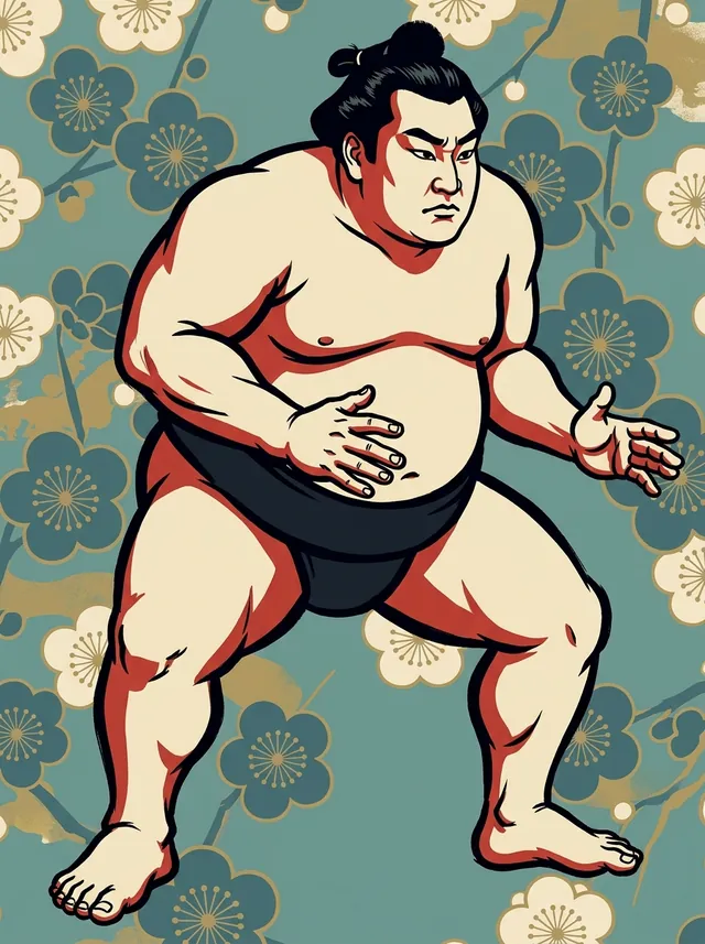 AI-generated illustration of a representative sumo wrestler. Not a photograph or a likeness of Daiyubu Ryusen.