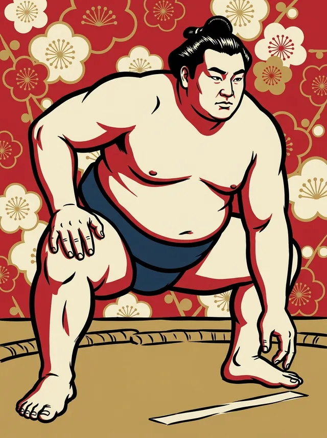 AI-generated illustration of a representative sumo wrestler. Not a photograph or a likeness of Daimanazuru Kenji.