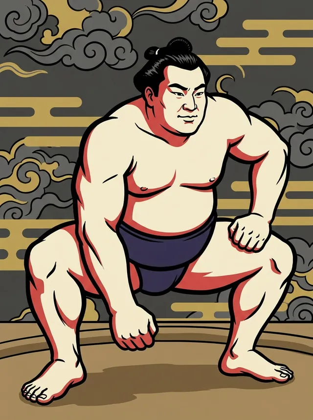 AI-generated illustration of a representative sumo wrestler. Not a photograph or a likeness of Taiko Yoshio.
