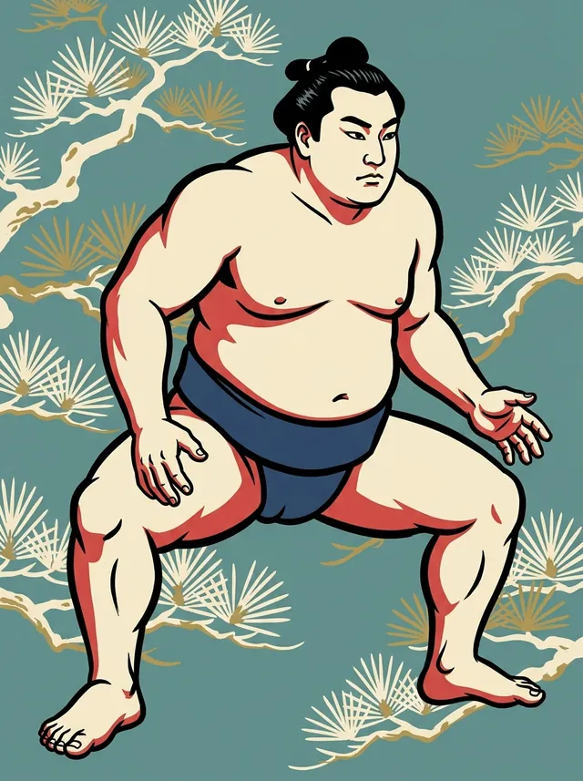 AI-generated illustration of a representative sumo wrestler. Not a photograph or a likeness of Oginohana Akikazu.