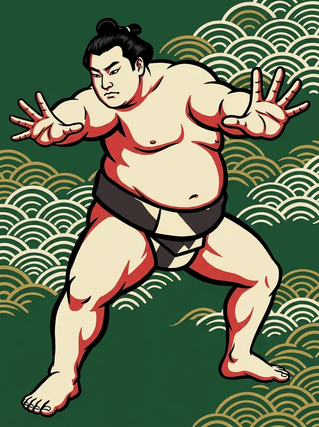 AI-generated illustration of a representative sumo wrestler. Not a photograph or a likeness of Masatsukasa Koshin.