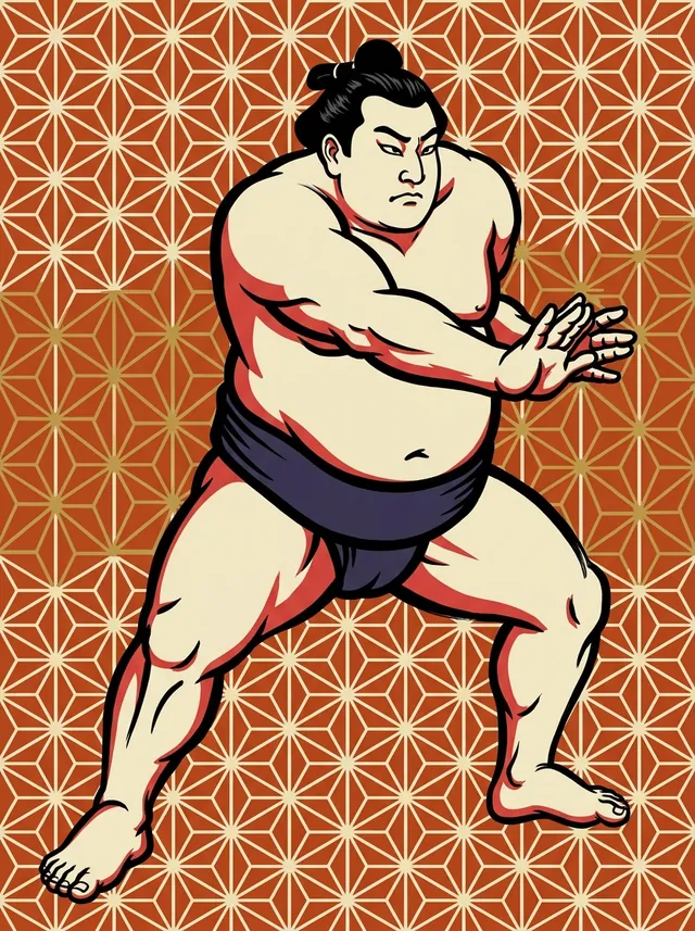 AI-generated illustration of a representative sumo wrestler. Not a photograph or a likeness of Shimanoumi Koyo.