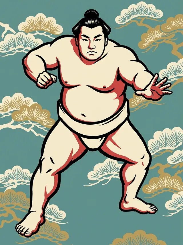 AI-generated illustration of a representative sumo wrestler. Not a photograph or a likeness of Asahisho Kota.
