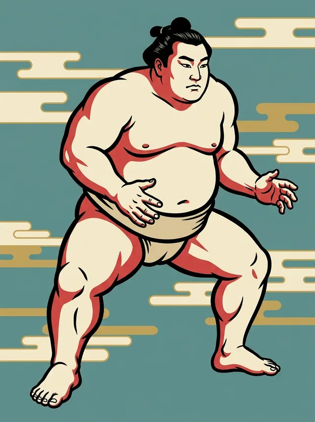 AI-generated illustration of a representative sumo wrestler. Not a photograph or a likeness of Asahisato Kenji.
