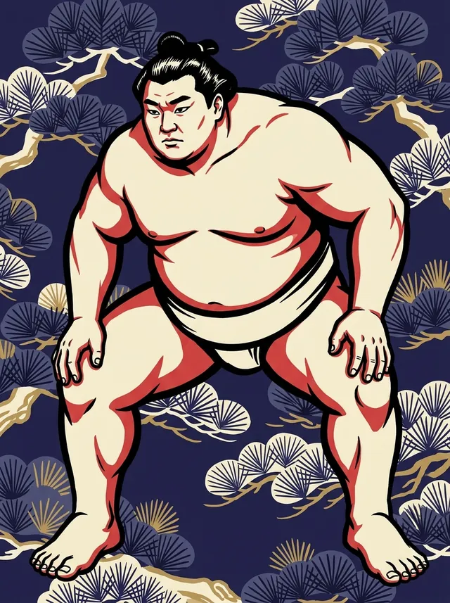 AI-generated illustration of a representative sumo wrestler. Not a photograph or a likeness of Shonannoumi Momotaro.