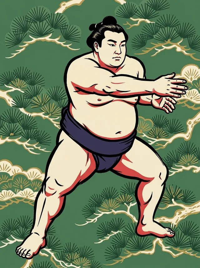 AI-generated illustration of a representative sumo wrestler. Not a photograph or a likeness of Kimikaze Toshiji.