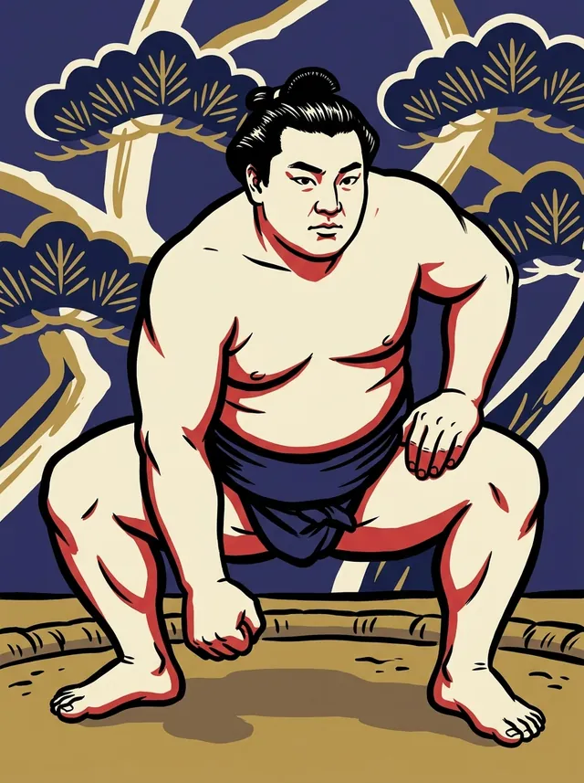 AI-generated illustration of a representative sumo wrestler. Not a photograph or a likeness of Satoyama Kosaku.