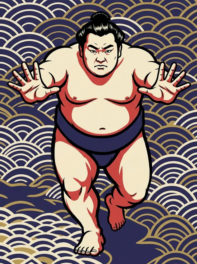 AI-generated illustration of a representative sumo wrestler. Not a photograph or a likeness of Takamifuji Hideki.