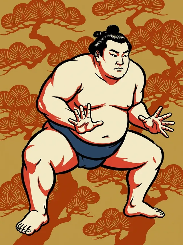 AI-generated illustration of a representative sumo wrestler. Not a photograph or a likeness of Kaisho Asaki.