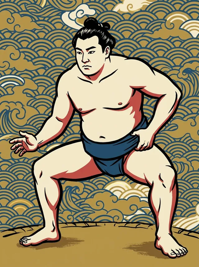 AI-generated illustration of a representative sumo wrestler. Not a photograph or a likeness of Tachihikari Akihiro.