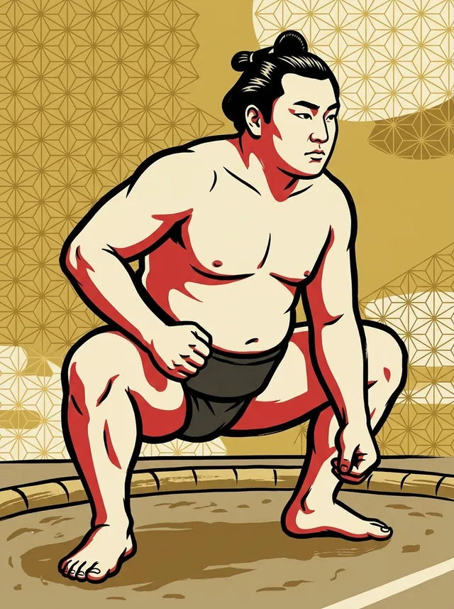 AI-generated illustration of a representative sumo wrestler. Not a photograph or a likeness of Iwatora Kanichi.