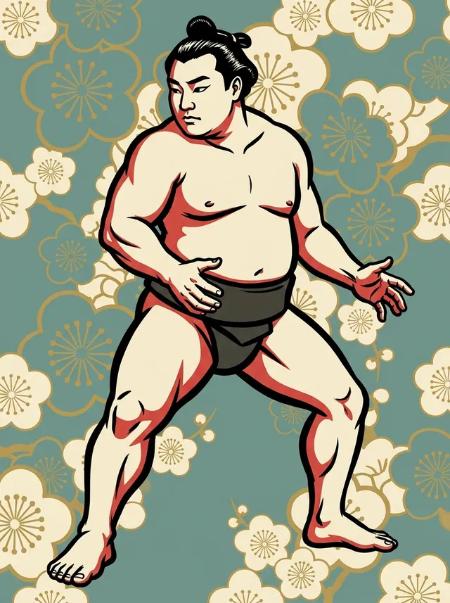 AI-generated illustration of a representative sumo wrestler. Not a photograph or a likeness of Hakuryo Katsuo.