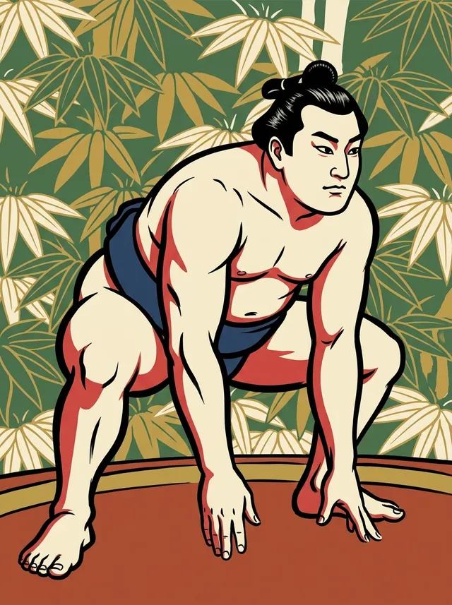 AI-generated illustration of a representative sumo wrestler. Not a photograph or a likeness of Ikedagawa Sukematsu.