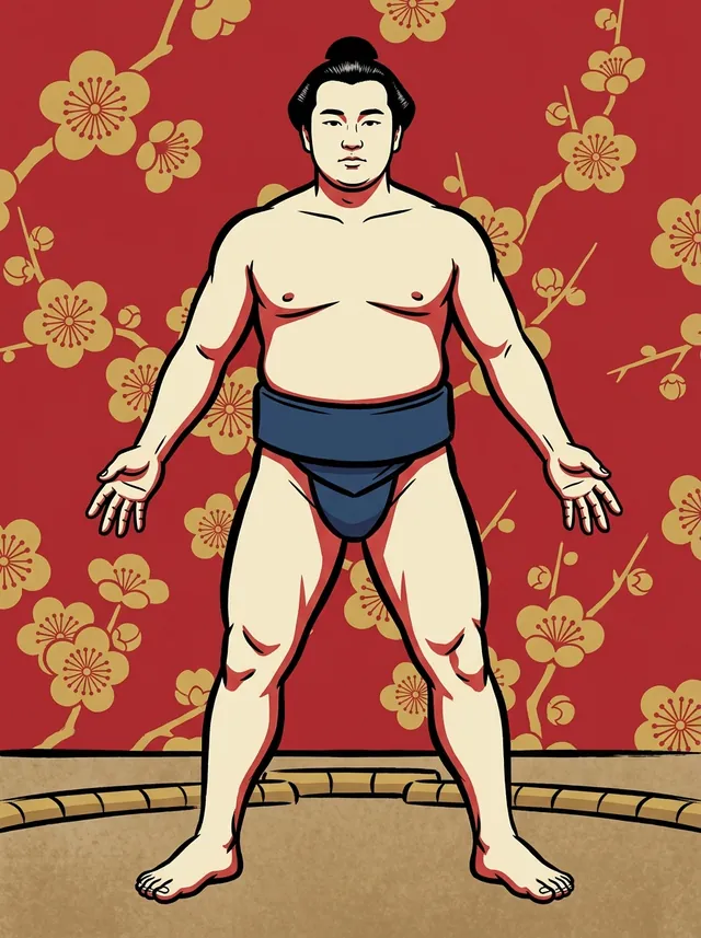 AI-generated illustration of a representative sumo wrestler. Not a photograph or a likeness of Naminooto Fujimi.