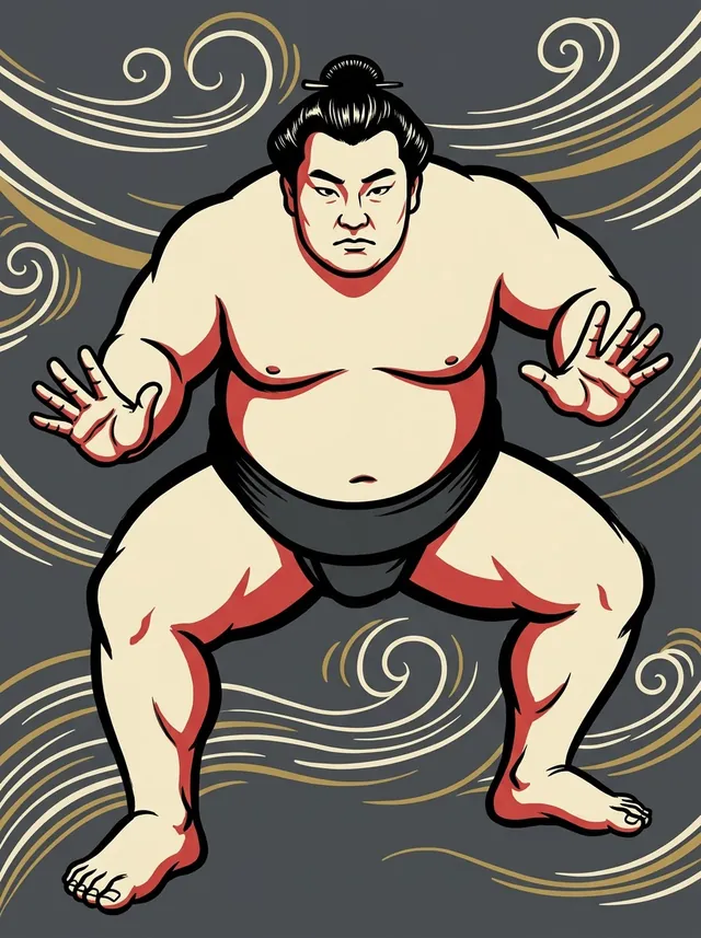 AI-generated illustration of a representative sumo wrestler. Not a photograph or a likeness of Ushiwakamaru Satoyoshi.