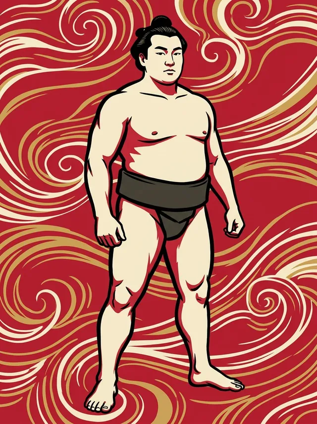 AI-generated illustration of a representative sumo wrestler. Not a photograph or a likeness of Kaminishiki Kuniyasu.