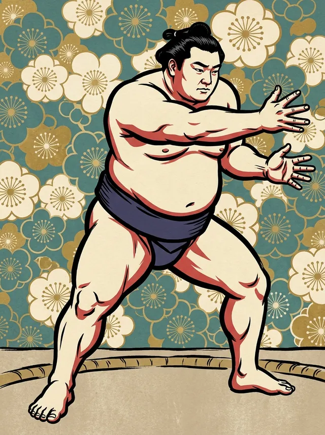 AI-generated illustration of a representative sumo wrestler. Not a photograph or a likeness of Hatsuyama Sho.