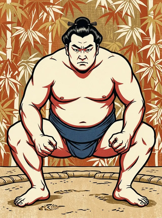 AI-generated illustration of a representative sumo wrestler. Not a photograph or a likeness of Wakanofuji Shoichi.