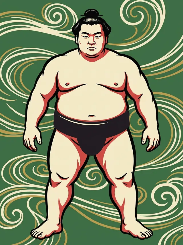 AI-generated illustration of a representative sumo wrestler. Not a photograph or a likeness of Wakahitachi Tsunekichi.