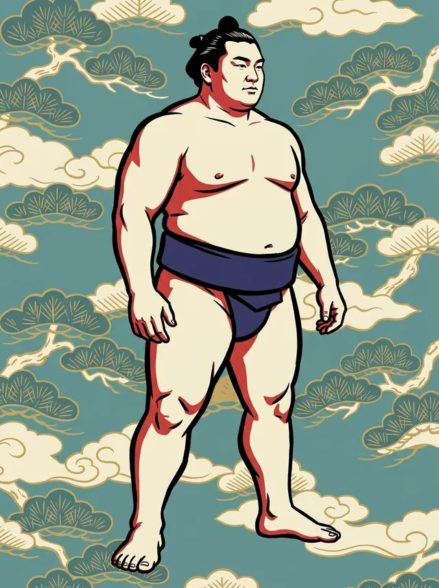 AI-generated illustration of a representative sumo wrestler. Not a photograph or a likeness of Wakaminato Saburo.
