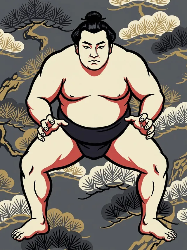 AI-generated illustration of a representative sumo wrestler. Not a photograph or a likeness of Wakahikari Mitsumasa.