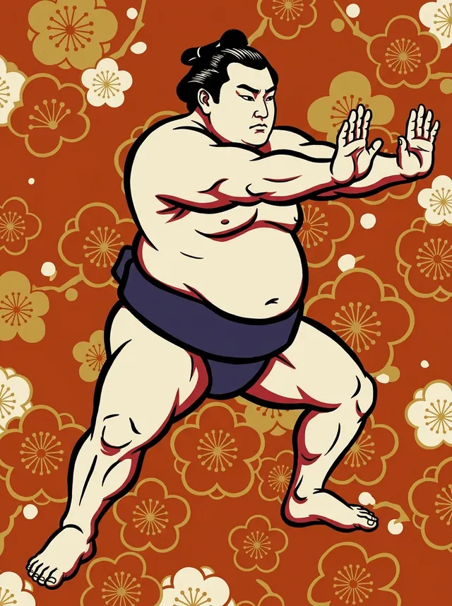 AI-generated illustration of a representative sumo wrestler. Not a photograph or a likeness of Sumanofuji Shigeo.