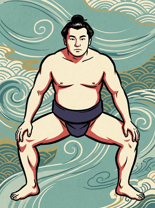 AI-generated illustration of a representative sumo wrestler. Not a photograph or a likeness of Fukunishiki Takemitsu.