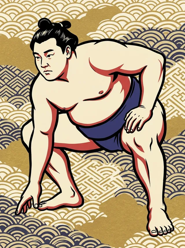 AI-generated illustration of a representative sumo wrestler. Not a photograph or a likeness of Maegashio Eitaro.