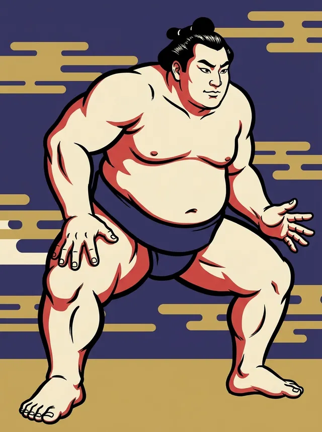 AI-generated illustration of a representative sumo wrestler. Not a photograph or a likeness of Rikio Takeshi.