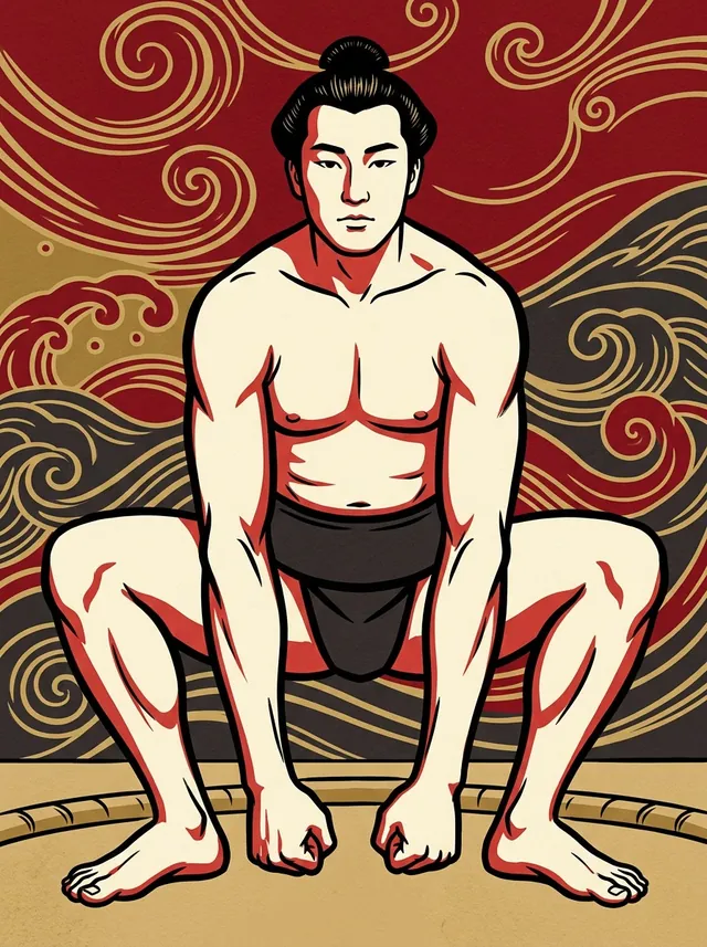 AI-generated illustration of a representative sumo wrestler. Not a photograph or a likeness of Kaiho Yi.