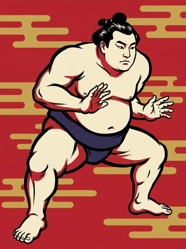 AI-generated illustration of a representative sumo wrestler. Not a photograph or a likeness of Kazafuzan Taiga.