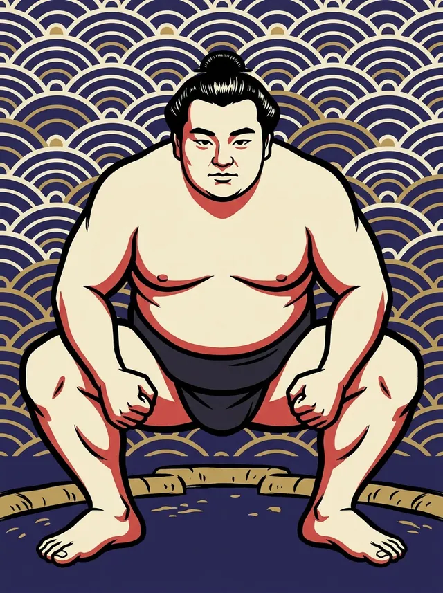 AI-generated illustration of a representative sumo wrestler. Not a photograph or a likeness of Kazenoumi Kei.