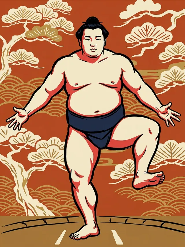 AI-generated illustration of a representative sumo wrestler. Not a photograph or a likeness of Maenoumi Takeo.