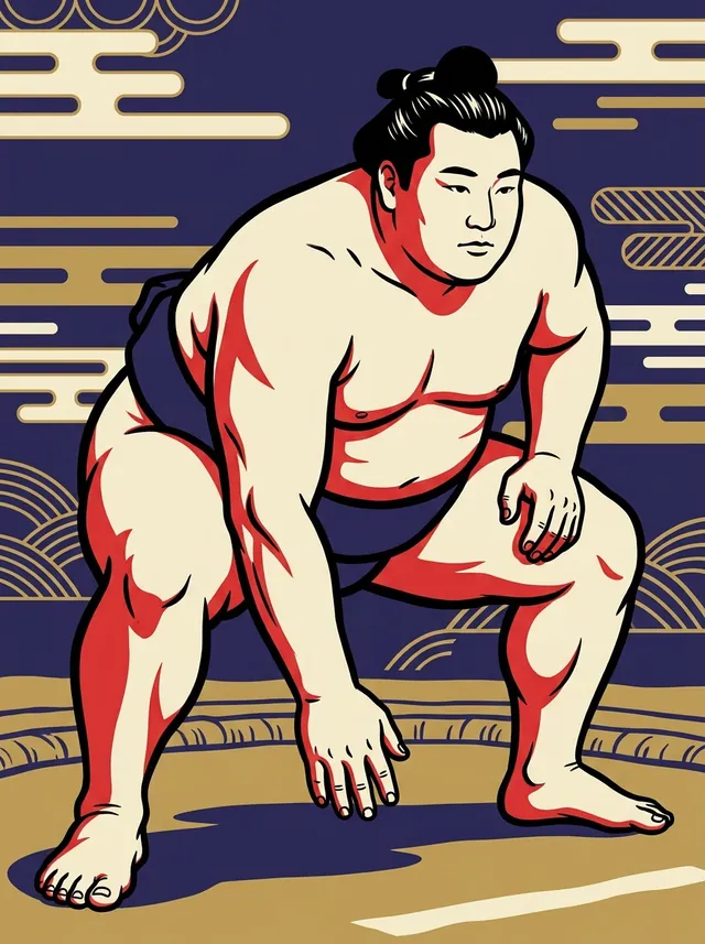 AI-generated illustration of a representative sumo wrestler. Not a photograph or a likeness of Manazuru Hisashi.
