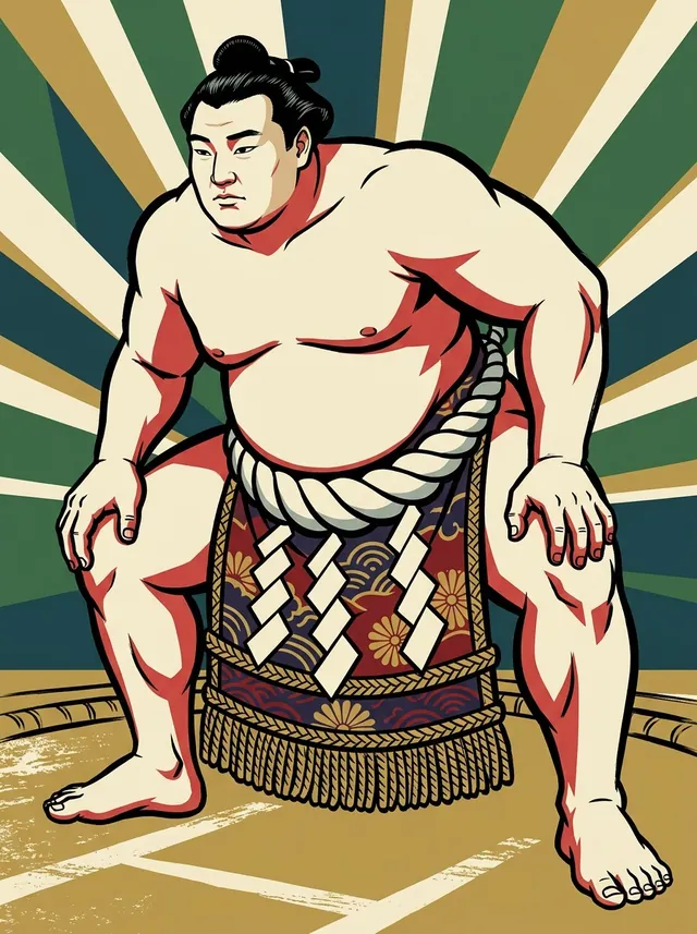 AI-generated illustration of a representative sumo wrestler. Not a photograph or a likeness of Musashimaru Koyo.