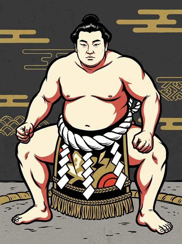 AI-generated illustration of a representative sumo wrestler. Not a photograph or a likeness of Okido Moriemon.