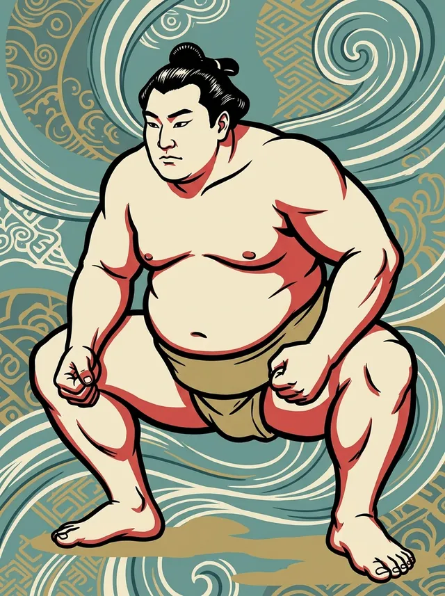 AI-generated illustration of a representative sumo wrestler. Not a photograph or a likeness of Raiden Tameemon.
