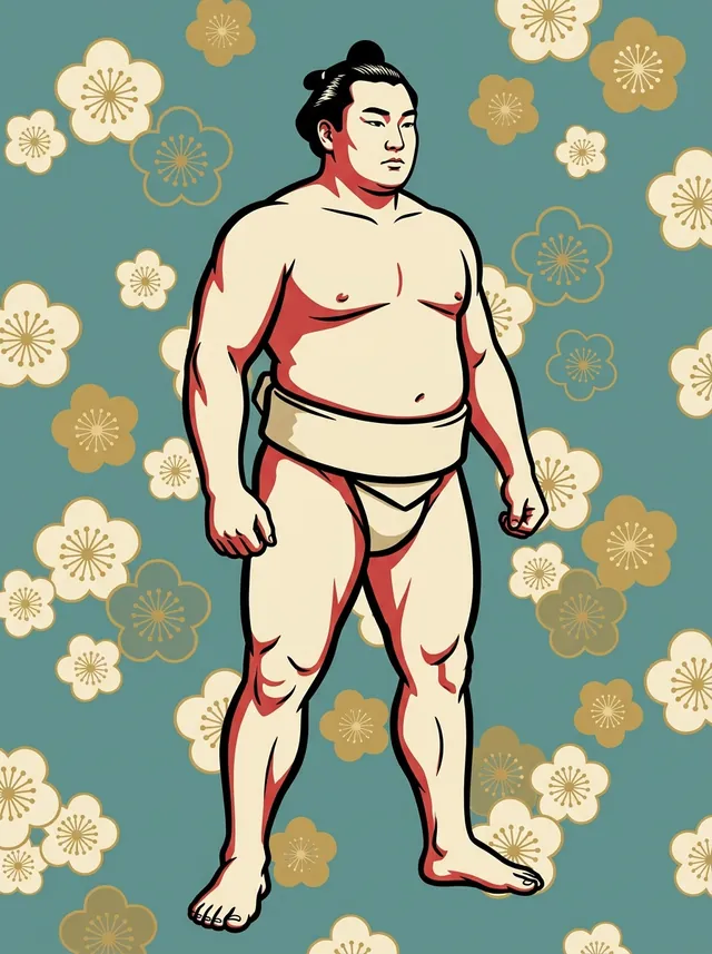 AI-generated illustration of a representative sumo wrestler. Not a photograph or a likeness of Hiodoshi Katsugoro.