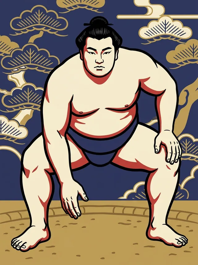 AI-generated illustration of a representative sumo wrestler. Not a photograph or a likeness of Iwamigata Joemon.