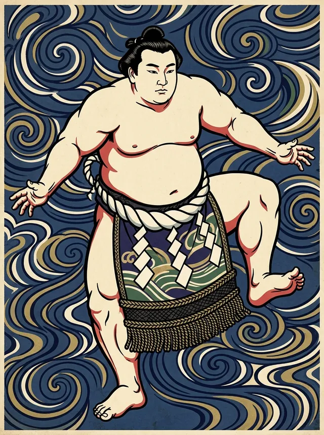 AI-generated illustration of a representative sumo wrestler. Not a photograph or a likeness of Unryu Hisakichi.