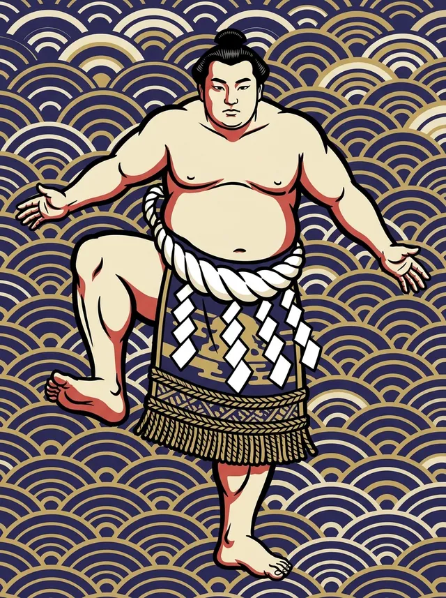 AI-generated illustration of a representative sumo wrestler. Not a photograph or a likeness of Kimenzan Tanigoro.