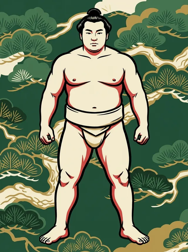AI-generated illustration of a representative sumo wrestler. Not a photograph or a likeness of Oikari Montaro.