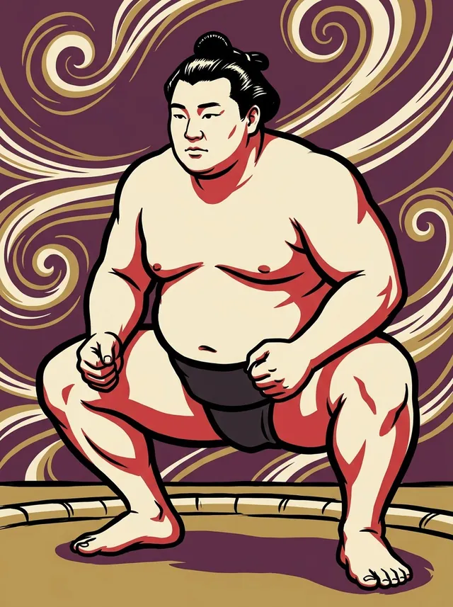 AI-generated illustration of a representative sumo wrestler. Not a photograph or a likeness of Rakoten Keigo.