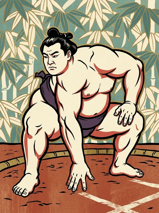 AI-generated illustration of a representative sumo wrestler. Not a photograph or a likeness of Shimotori Norio.